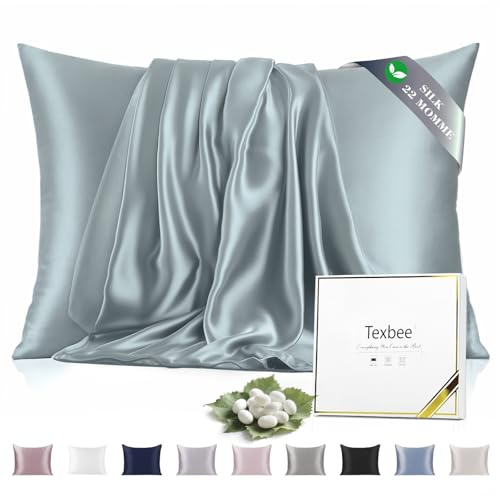 Texbee Seidenkissenbezug 40x80 Maulbeerseide für Haar & Haut, Nebliges Blau | Beidseitige 22 Momme Naturseide für gesunde Haut & glattes Haar, mit Diskreter Reißverschluss, kühlend, atmungsaktiv, 1 Stück