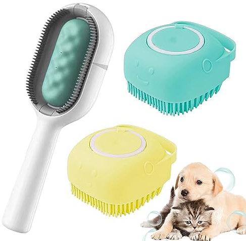 Cat Water Brush, Pet Silicone Bath Brush, Pet Hair Cleaning Brush, Pet Silicone Bath Brush, Cat Brush with Water Tank, Three-Piece Pet Bath Set, Animal Hair Remover with Water Tank