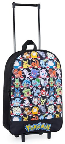 Pokemon Koffer Kinder, Faltbarer Trolley Handgepäck Leicht 39x27cm, 10.5 Liter, 2 Rollen & Ausziehbarem Griff (S/39cm -10.5L, Schwarz AOP)
