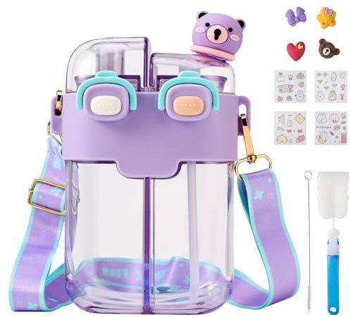 TOPEV Cute Water Bottle with Double Straw, Portable Plastic Drinking Bottle Double Storage, Animal Decorations and DIY Stickers, Large Capacity 780ml for School Travel Sports Outdoor (Purple)