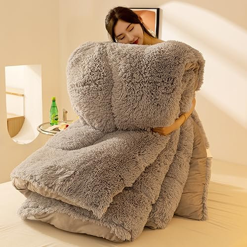 Cutfouwe Dicker Warmer Plüsch Winterdecke Steppdecke 200x230cm 4kg, Flauschige Kaschmir Steppdecken Duvet, Verdicken Sie Lamm Kaschmir Decke Winter Weiche Warme Bettdecke Bettwäsche,Grau