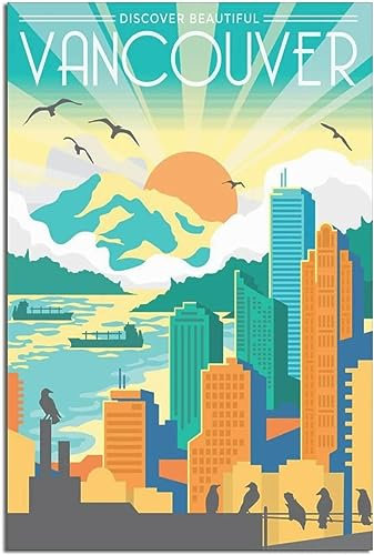 Leinwand Poster Vancouver Sonnenuntergang Boot Vogel Vintage Reise Poster Home Decor Gemälde Wandgemälde Kunst Wandbild Leinwand Ungerahmt 50x75cm