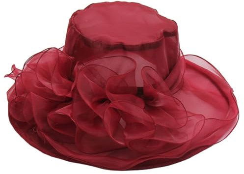 ZESLIV Damenhut Organza Hut Party Hochzeit Anlasshut Brauthut Sonnenhut mit Blumen Sommerhut Sonnenschutz Strandhut, Weinrot