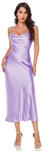 Women's Spaghetti Strap Midi Satin Silk Dresses Slip Cowl Neck Party Cocktail Evening Sexy Dress Light Purple