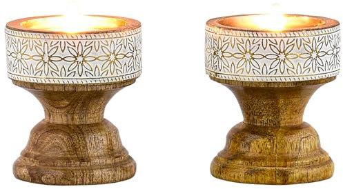 Marrakesch Boho Deko Teelichthalter Kerzenständer aus Holz und Metall 7,5cm groß Hamida | Vintage Orientalische Kerzenhalter als Wohnzimmer Tischdeko oder Schlafzimmer Badezimmer Frühlingsdeko