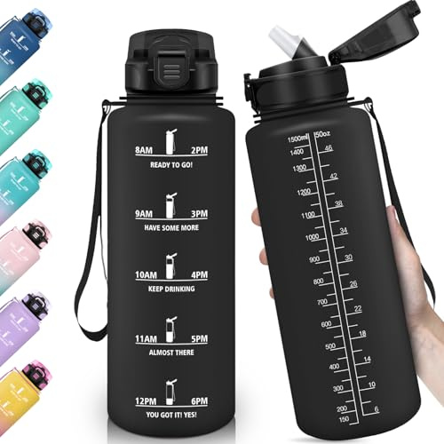 HoneyHolly Trinkflasche Sport 1.5L mit Strohhalm, Auslaufsicher, Wasserflasche, mit Zeitmarkierung, Trinkflasche Kohlensäure Geeignet für Outdoor, Radfahren, Fitness, Yoga