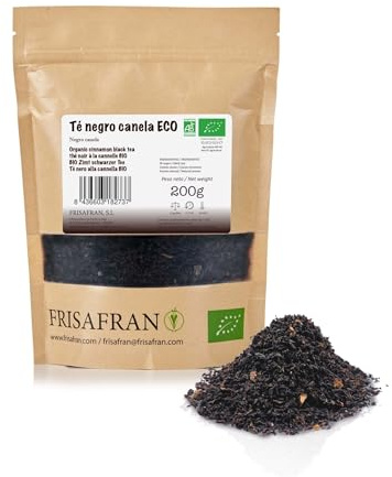 FRISAFRAN | Té Negro Canela Ecológico a Granel 200g | Antioxidante | Energizante | Antiinflamatorio | Chai | Descafeinado | Natural | Sin Aditivos