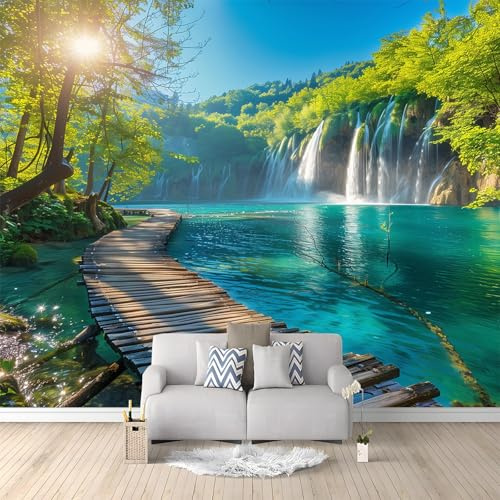 Papier Peindre Mural 3D Cascade Pittoresque Avec Pont En Bois 400x280 cm Panoramique Poster Tapisserie Photo Intissé pour Chambre Salon Décoration Personnalisée