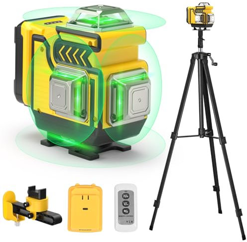 Kreuzlinienlaser mit Stativ - cjumel 4x360° Laser Wasserwaage Selbstnivellierend, 4D 16 Linienlaser Grün Kreuzlaser für Innenbereich Baustelle (1.6M Stativständer, 5400mAh Batterien, Fernbedienung)
