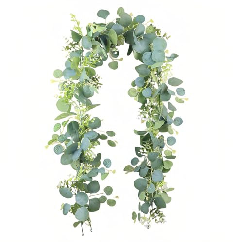 Eukalyptus Girlande, Künstliche Pflanze Girlande, 1,8m Hängend Eukalyptus Deko mit Weiße Blumen, Eukalyptusranke für Hintergrund, Hochzeit Bogen, Tischdeko