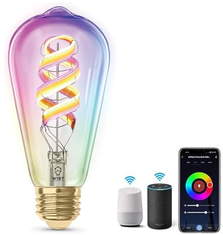 Wiby Lampadina Alexa Inteligente WiFi Vintage Edison E27 a Filamento,4.9W Dimmerabile Multicolore,Funziona con l'app e Alexa Lampadine RGBWW, ST64，180LM Sfera 360°,1 Pezzi