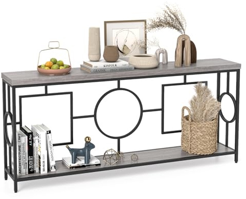 COSTWAY Vintage konsolbord 180 cm, hallbord med 2 nivåer, soffbord smalt med metallram, entrébord trä, sidobord för vardagsrum, kontor och entré