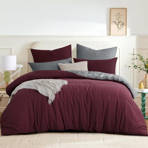 RUIKASI Set copripiumino reversibile 3 pezzi, bordeaux e grigio, copripiumino 220 x 240 cm con cerniera, in microfibra certificata Oeko-Tex, morbido e antipiega