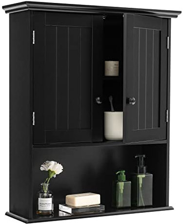 COSTWAY Hängeschrank Medizinschrank, Wandschrank mit Doppeltür, Badschrank Küchenschrank Unterschrank mit Einstellbarer Ablage, Schrank für Badezimmer Küche Eingangsbereich (Schwarz)