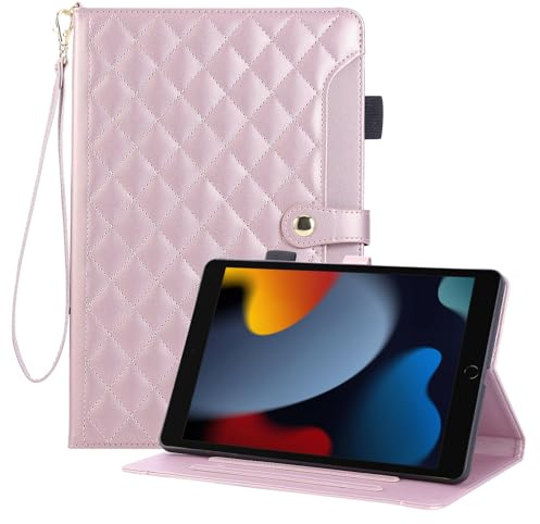 Rosbtib Funda para iPad 9ª/8ª/7ª Generación 10.2 Pulgadas Modelo 2021 2020 2019, Funda de Piel PU Bordada a Cuadros con Correa de Mano, Soporte y Cierre magnético para iPad 10.2 - Rosa