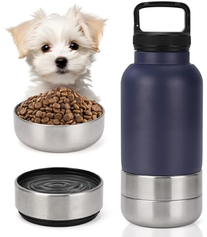 Trinkflasche Hunde Für Unterwegs, 1000ml 3 in 1 Trinkflasche Hund Mit Wassernapf Und Futternapf, Isolierte Edelstahl Hundetrinkflasche Für Zum Wandern, Reisen, Spazierengehen, Camping