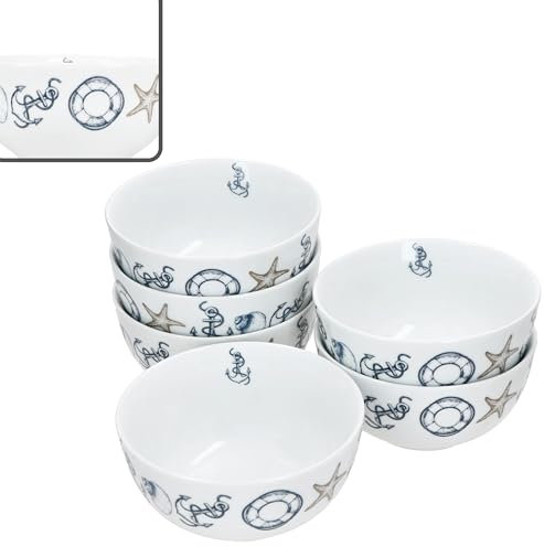 MamboCat Neptun Lot de 6 bols à céréales 14 cm I 400 ml I Bol en porcelaine avec motifs maritimes pour 6 personnes I Bols pour salade, soupe, céréales, chips, etc.
