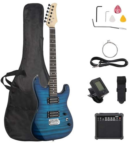 LALAHO Solid Body Electric Guitar Kit H-H Pickups for Beginners, Blue | Full Size Guitars Set, Includes 20W Amplifier, Bag, Tuner, for Students, Beginners & Professionals, Practice, Gig or Travel