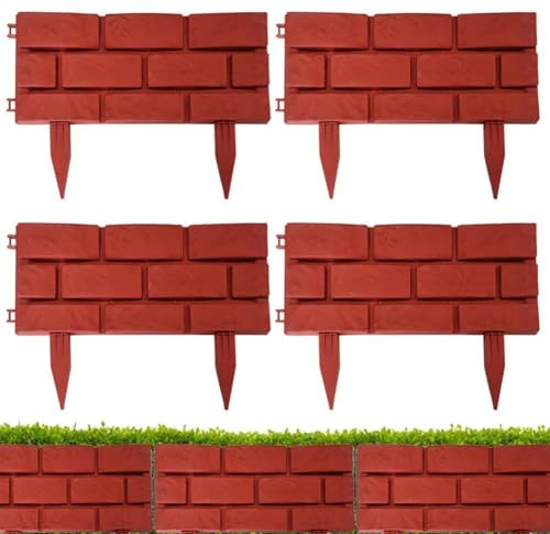 Entgoinggo Juego de 4 vallas de borde de jardín de plástico para césped, parterre, valla de patio, resistente a la intemperie, resistente a la intemperie, valla con efecto de ladrillo (rojo)