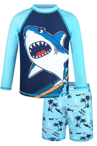 Generisch Conjunto de natación de dos piezas para niños con estampado shrk y tropical | manga larga Rashguard y bañador con SPF 50+ Bañador para niños 98, azul, 4-5 años