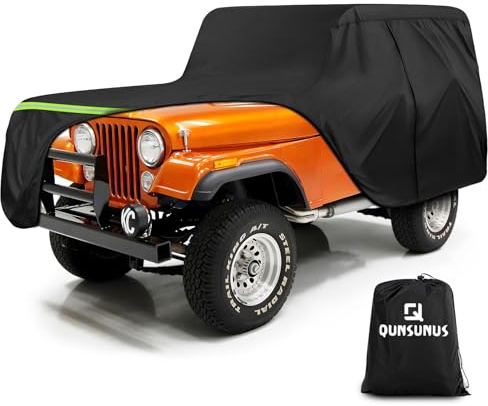 QUNSUNUS Waterproof Car Cover for Jeep CJ5 1955-1983, Outdoor Cj5 Cover with Cotton Lining, All Weather Cover with Straps and Zipper for Wind, Sun, UV and Dust Protection