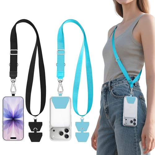 takyu 2 Pcs Adjustable Phone Lanyard Neck Strap, Universal Mobile Phone Lanyard with 4 Adhesive Tethers, Compatible for iPhone, Samsung, HUAWEI and Most Smartphone Black & Gray