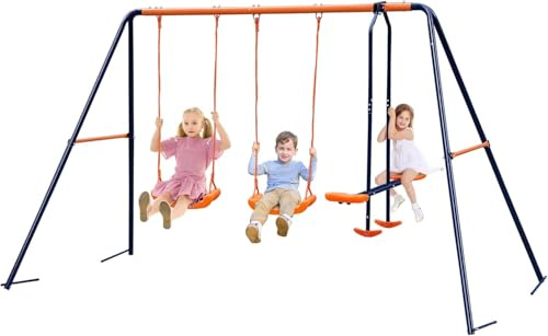 Metal Kids Garden Swing Set for Toddler, Heavy-Duty A-Frame with Double Swings and Glider,Adjustable Hanging Rope,Children Outdoor Backyard swing Set for 3+ Years Old, 200Kg