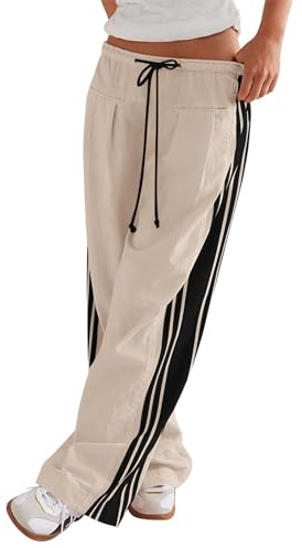 LOMON Pants for Women Wide Leg Side Striped Pants Drawstring Baggy Palazzo Work Trousers with Pockets (Khaki and Black, XS)