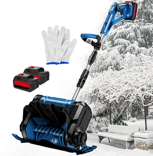 Cordless Snow Shovel, Auto Electric Snow Thrower - Rechargeable, 8 M Throwing Distance, Aluminum Alloy Pole Foldable Snow Blower, for Courtyard, Factory, Playground Blue-2batteries