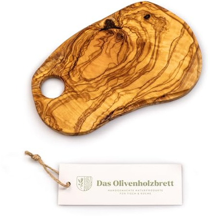 DAS OLIVENHOLZBRETT Tagliere in legno d'ulivo/antipasto/tagliere per vesper/tagliere per pane/tagliere in legno d'ulivo, con bordo naturale, di solito con un po' di corteccia/con foro per servire, 30