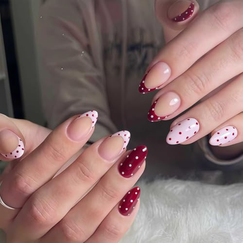 24 Stk Rote Polka Dot Press on Nails, Mittel Mandel Fake Nails, Press on Nails Almond pour Femmes, Filles, Débutantes pour Fêtes, Shopping, Quotidien (Brillant)