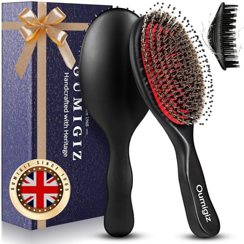 OUMIGIZ Boar Bristle Hair Brush Since 1965 British Craftsmanship, Handmade Natural Wood Slick Back Hairbrush, Soft Bristles Gentle Detangling Smoothing Women Men Kids Long Curly Thick,Thin, Fine Hair
