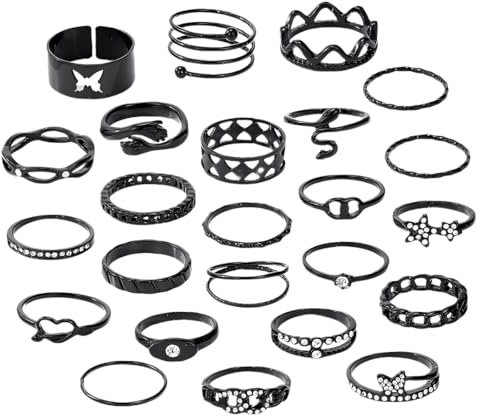 YAZWUR 24 Stück Vintage Silber Punk Ringe Set für Männer Frauen, Offene Knuckle Ring, Stapelbare Gothic Rings Set, Fingerringe Boho, Damen Finger Midi Ring Set (Schwarz)