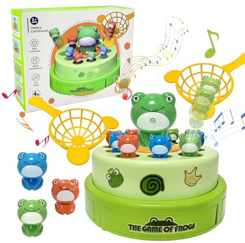 Morofme Pop Up Angelspiel, Frosch Spiel mit ON/Off Musik Drehscheibe, Frosch Hüpfspiel Fische Angeln Spiel Netzbeutel Set，Angelspiel Montessori Motor Skills Schulung Board Geschenk