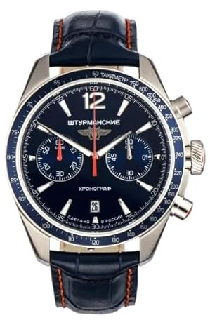 Sturmanskie Orologio Luna 25 da uomo, quadrante blu da 44 mm, cassa in acciaio inox, cinturino in pelle, movimento cronografo al quarzo, lancette luminose, impermeabile fino a 5 ATM 4791414