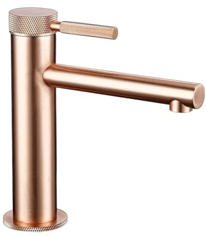 Grifo de lavabo latón macizo dorado con mango un solo orificio, mezclador frío y caliente, grifo moleteado for fregadero, grifería agua for tocador, baño(11013BRG- Rose Gold)