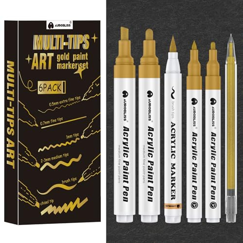 Aurobliss Stift Gold 6 Stück mit Pinselstift, Handlettering, Keilspitze/mittel/feine acrylstifte gold für Stoff, Holz, Grabstein, Gästebuch
