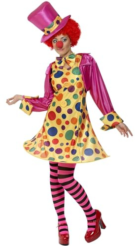 SMIFFYS Costume da clown donna, multi-colore abito con cappuccio, camicia, papillon, collant, cappello Halloween
