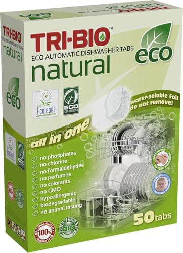TRI-BIO Natural Eco Friendly Dishwasher Detergent Tablets, Plant-Based and Biodegradable, Vegan and Cruelty-Free, No Odor, Plastic-free, Septic Safe, 50 Tabs