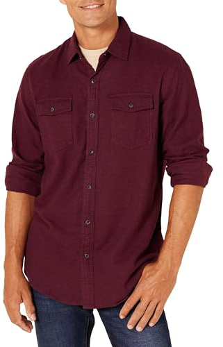 Amazon Essentials Men's Långärmad flanellskjorta med två fickor normal passform, Vinröd ljung, XXL