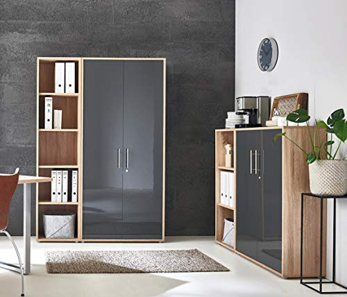 Aktenschrank TABOR 4 – Büroschrank abschließbar, Mehrzweckschrank für Büro, Ordnerschrank mit viel Stauraum, Korpus Eiche Sonoma Front anthrazit Hochglanz