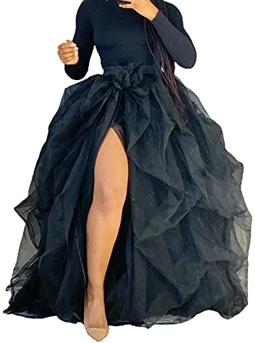Women's Tulle Maxi Skirt Floor Length Layered High Waist Split Skirt A-Line Puffy Mesh Tutu Skirt for Wedding Party (Black, One Size)