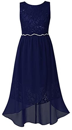 TiaoBug Mädchen Festlich Kleider Hochzeits Blumenmädchenkleid Brautjungfernkleid mit Strass Gürtel Maxi Chiffon Rock mit Schlitz Shorts Dunkelblau B 146-152