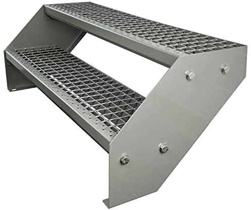 Kaminbau Mierzwa Premium Stahl Treppe Verzinkt & komplett Silber Pulverbeschichtet 2 Stufen (Breite 80 cm) (Höhe 38 cm) Wetterfest Gitterroststufe Gartentreppe