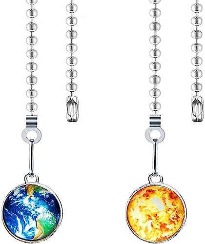 Hyamass Ceiling Fan Pull Chain with Planet Charm Pendant - 2-Pack 12 Inch Fan Pull Chain Extension for Easy Install, Ideal as Pull Chains for Ceiling Fans and Lights Decoration (Earth+Sun)
