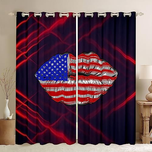 Tende per finestre con bandiera americana, con stampa a strisce e stelle, per finestre con linee rosse astratte per ragazze, decorazione della camera da letto, 166 x 172 cm