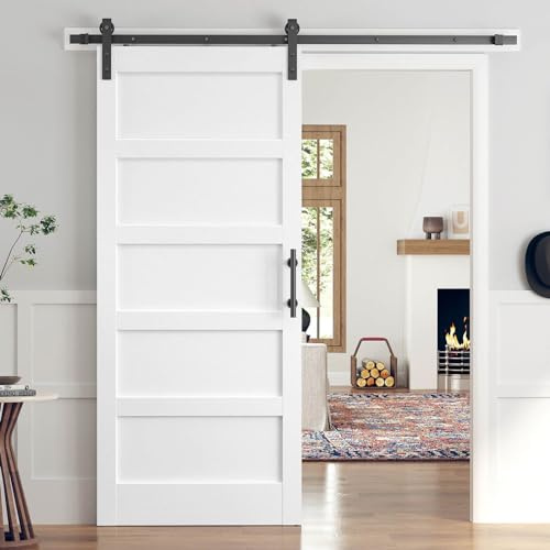 ROYMELO 36x84 Inch White Sliding Barn Door Slab with 6.6ft Hardware Kit Included, 5-Panel, MDF Wood Panel Covered with Water-Proof Scratch-Proof PVC Surface, Simple DIY Assembly