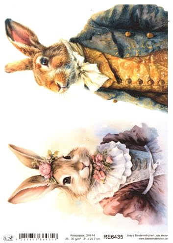 Josys Bastelmärchen Reispapier A4 Strohseide Decoupage Ostern Hase in Vintage Anzug RE6435