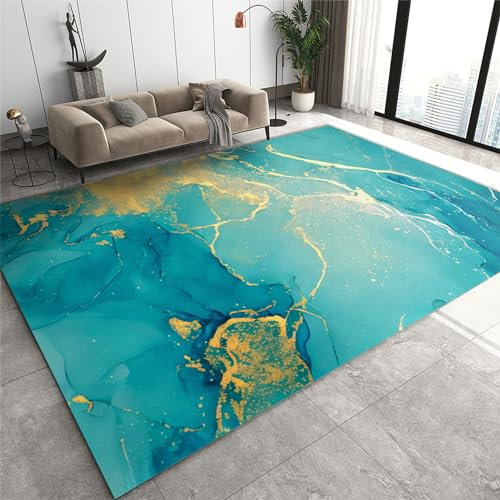 JUFUMUP Abstrakte Flüssige Malerei Teppiche Gegend, Alkoholtinte Blaugold Dekorativer Teppich - für Wohnzimmer, Schlafzimmer, Esszimmer Badezimmer Küche 180 x 200 cm