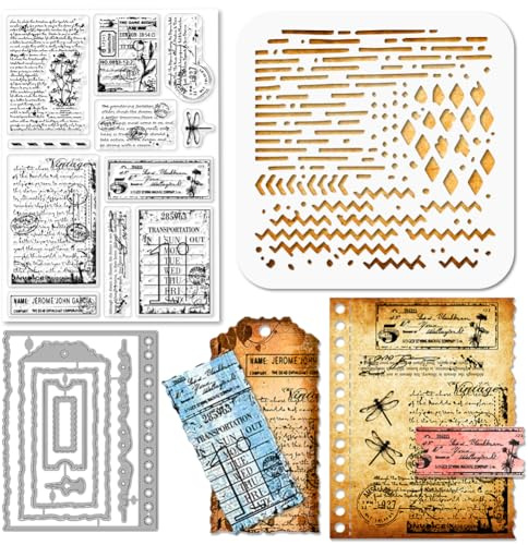 GLOBLELAND Transparente Silikonstempel Mit Retro Texthintergrund Vintage Briefmarke Ticketrahmen Stanzformen PET Farbe Bastelschablonen Vorlage Für Kartengestaltung Prägungen Scrapbooking